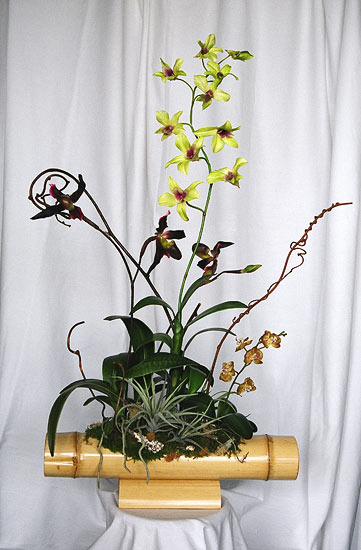 Tropical Silk Flower Arrangement in Bamboo