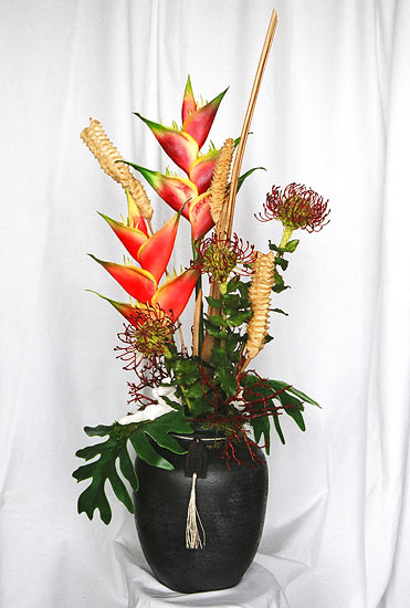 Tropical Silk Flower Arrangement in Bamboo